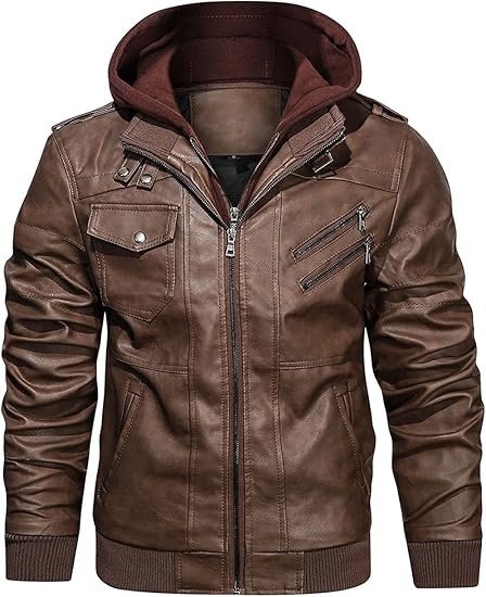 Men’s Casual Stand Collar PU Faux Leather Zip - Up Motorcycle Bomber Jacket With a Removable Hood - Zetra Shop