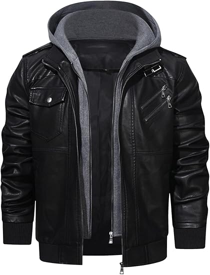 Men’s Casual Stand Collar PU Faux Leather Zip - Up Motorcycle Bomber Jacket With a Removable Hood - Zetra Shop