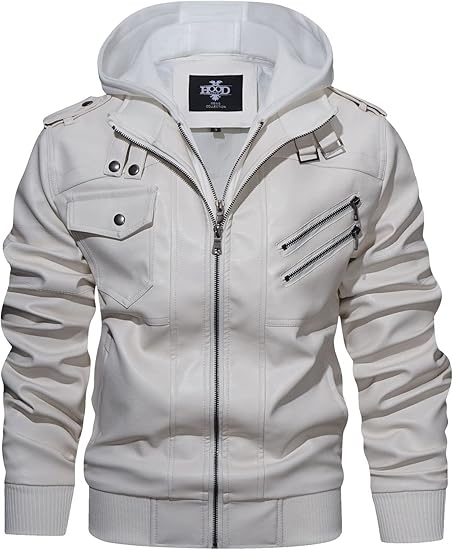 Men’s Casual Stand Collar PU Faux Leather Zip - Up Motorcycle Bomber Jacket With a Removable Hood - Zetra Shop