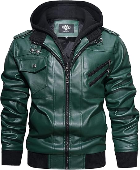 Men’s Casual Stand Collar PU Faux Leather Zip - Up Motorcycle Bomber Jacket With a Removable Hood - Zetra Shop