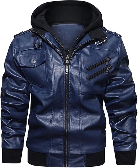 Men’s Casual Stand Collar PU Faux Leather Zip - Up Motorcycle Bomber Jacket With a Removable Hood - Zetra Shop