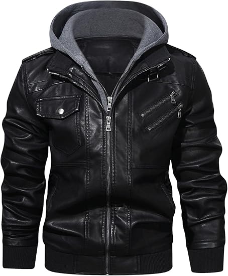 Men’s Casual Stand Collar PU Faux Leather Zip - Up Motorcycle Bomber Jacket With a Removable Hood - Zetra Shop