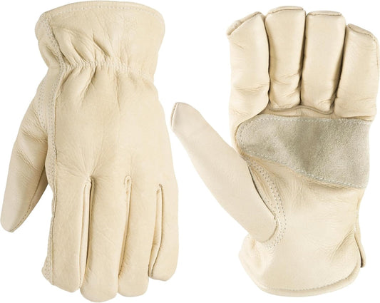 Leather Work Gloves for Men, Reinforced Cowhide with Palm Patch, Saddletan, Medium (1129M) - Zetra Shop