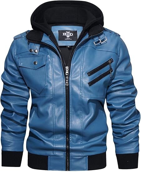 Men’s Casual Stand Collar PU Faux Leather Zip - Up Motorcycle Bomber Jacket With a Removable Hood - Zetra Shop