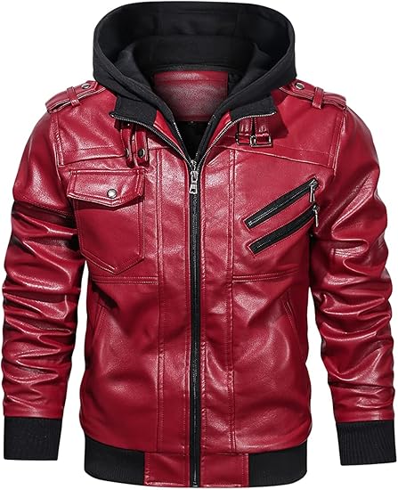 Men’s Casual Stand Collar PU Faux Leather Zip - Up Motorcycle Bomber Jacket With a Removable Hood - Zetra Shop