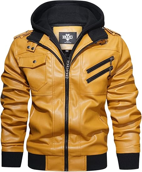 Men’s Casual Stand Collar PU Faux Leather Zip - Up Motorcycle Bomber Jacket With a Removable Hood - Zetra Shop